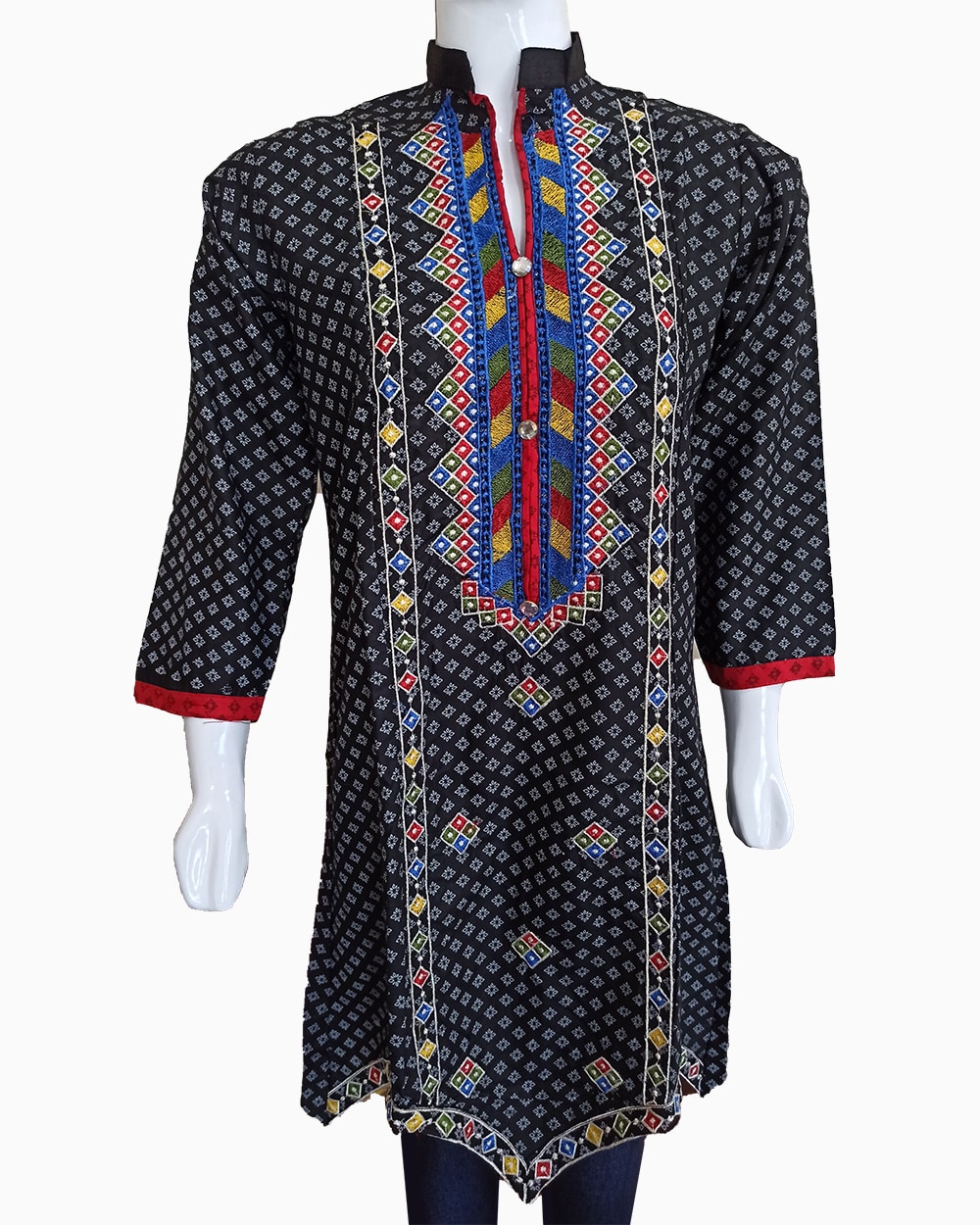 Balochi cultural embroidered shirt-all over embroidered shirt-buy cultural fashion online-black with contrast embroidered neckline (5)