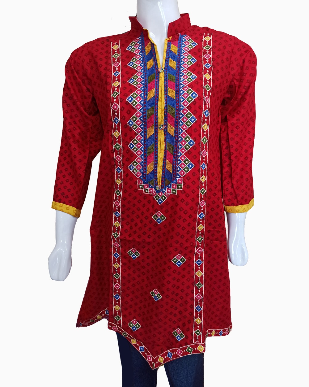 Balochi cultural embroidered shirt-all over embroidered shirt-buy cultural fashion online-red with contrast embroidered neckline (3)