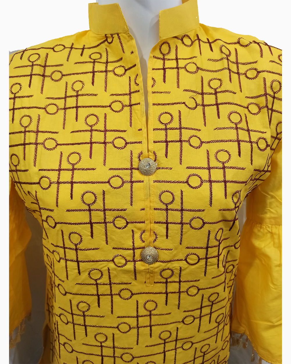 cultural kurti designs-balochi karahai-sindhi patchwork-mirror work-heavy embroidered chestline-yellow fancy shirts-all over embroidery-chest embroidery