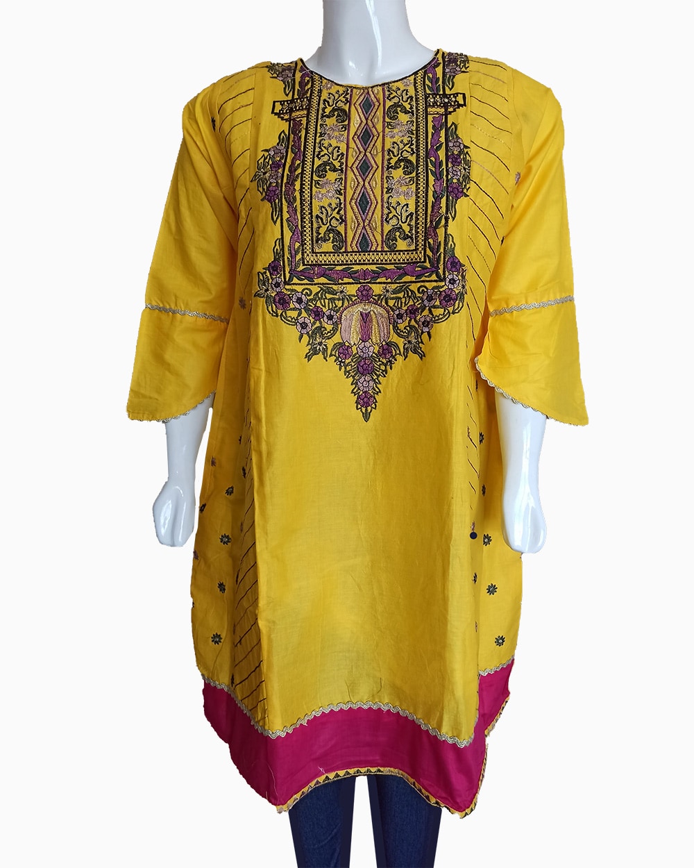 Yellow Allover Sindhi Hand Embroidered Cotton Kurti | forum.iktva.sa