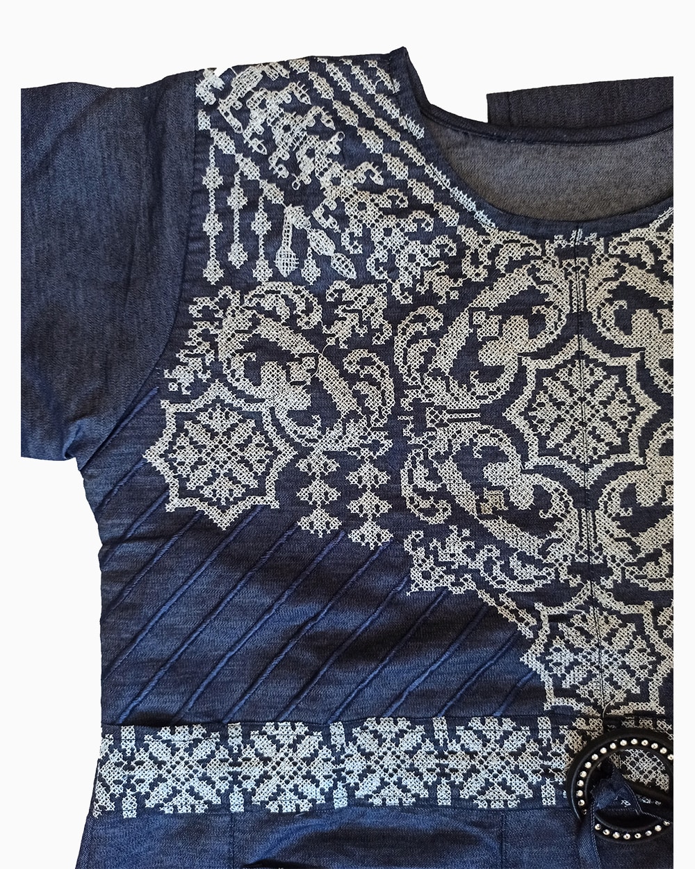 heavy Denim frock-cross stitch hand embroidery-2 pockets-mock embroidery waist belt-denim shirts for females online (3)