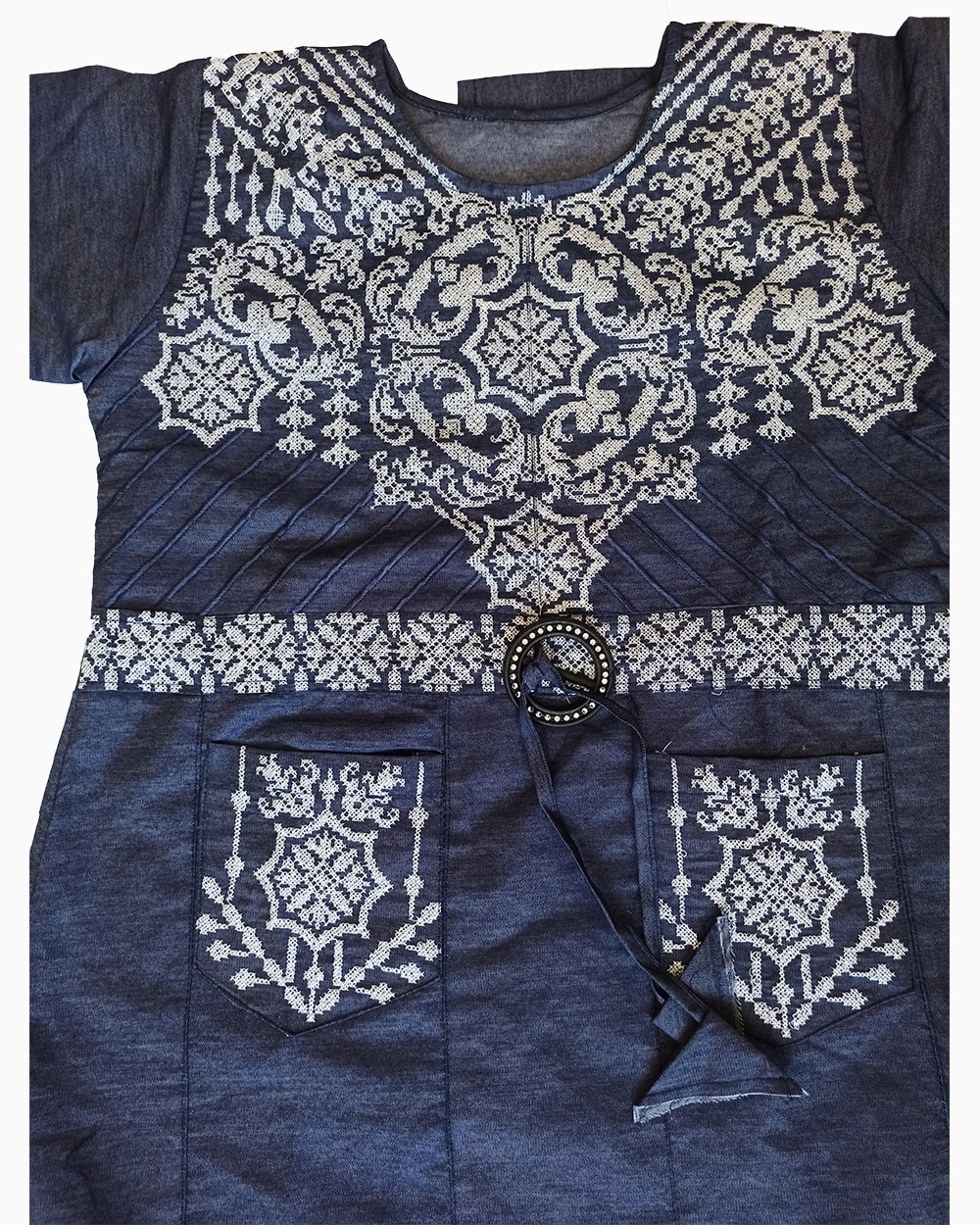 heavy Denim frock-cross stitch hand embroidery-2 pockets-mock embroidery waist belt-denim shirts for females online (4)