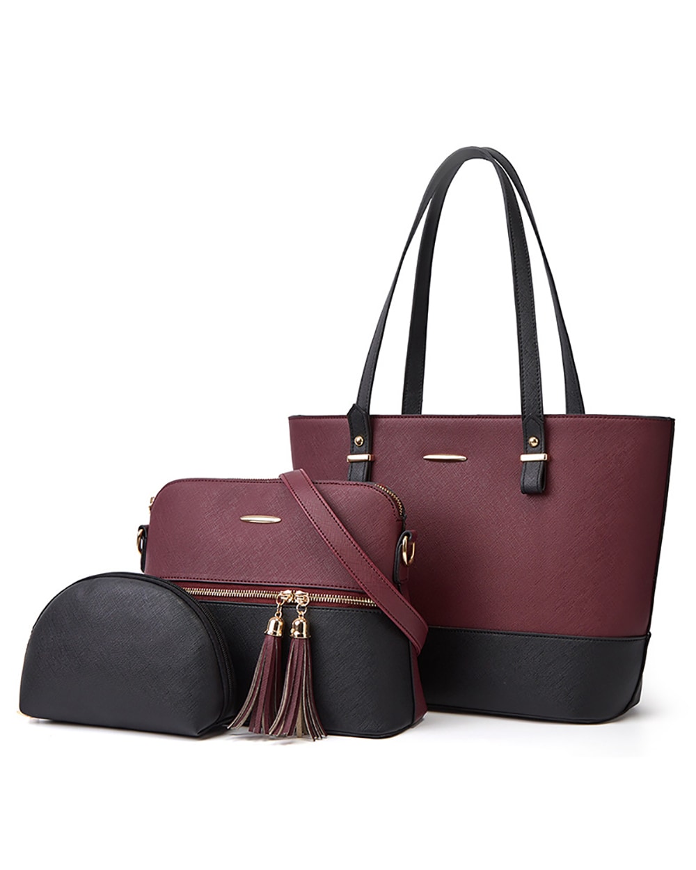 2 tone black burgundy ladies handbag set