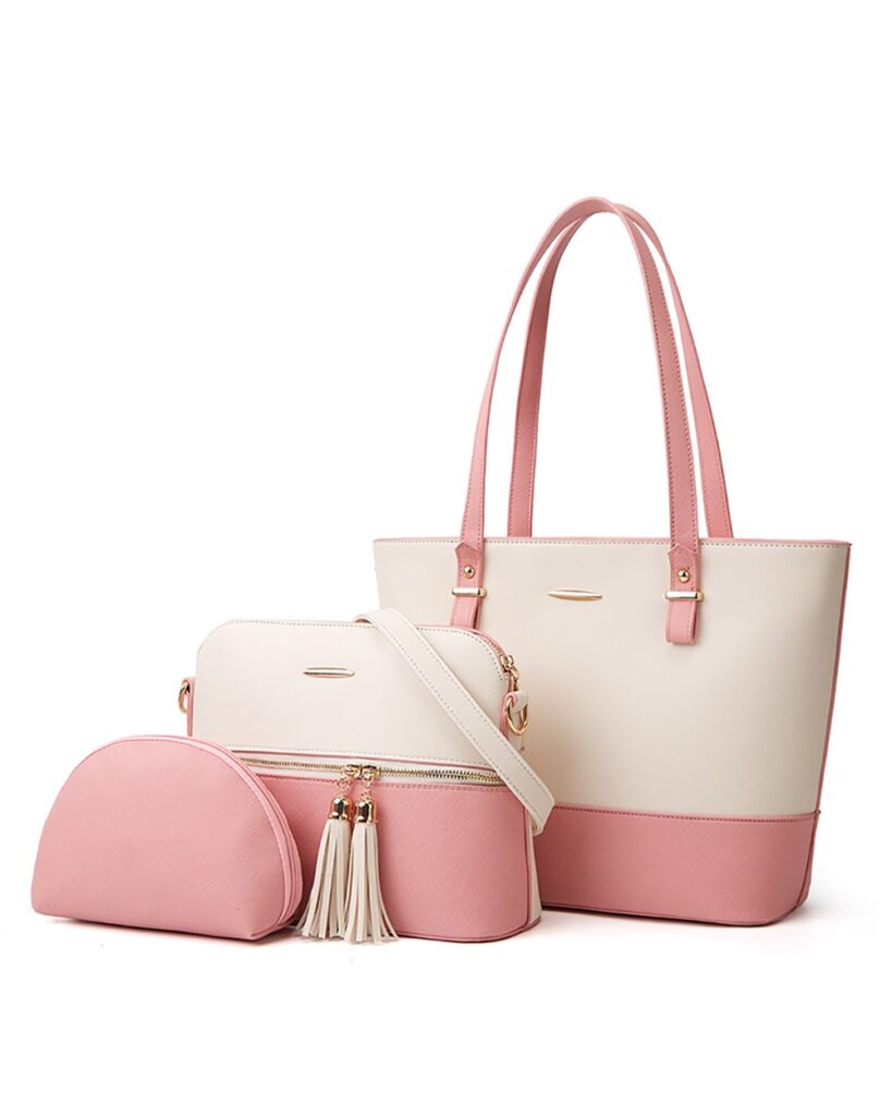 Luxury 3 Piece 2 Tone White & Pink Ladies Handbag Set Zamani.pk