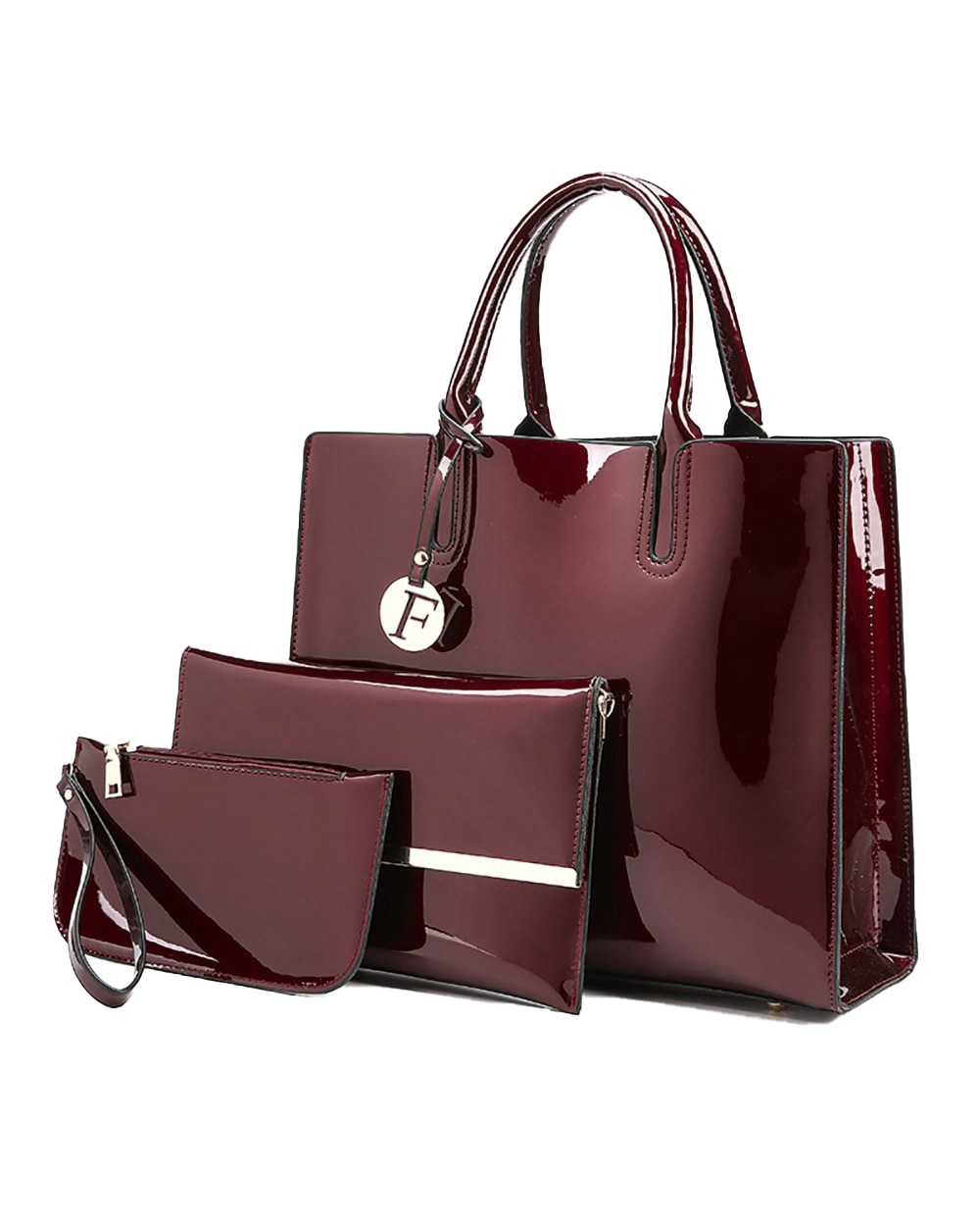 3 piece glossy premium leather handbag - 7