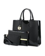 Luxury Glossy Patent Leather 3 Piece Black Ladies Bag Set