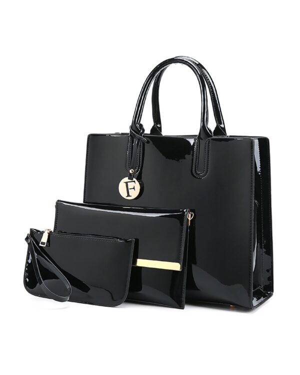 black 3 piece glossy leather tote bag set