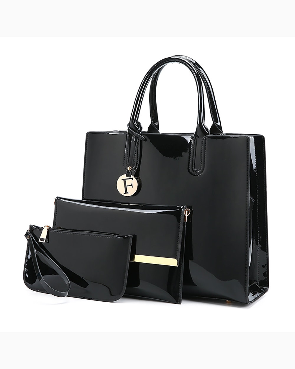 black 3 piece glossy leather tote bag
