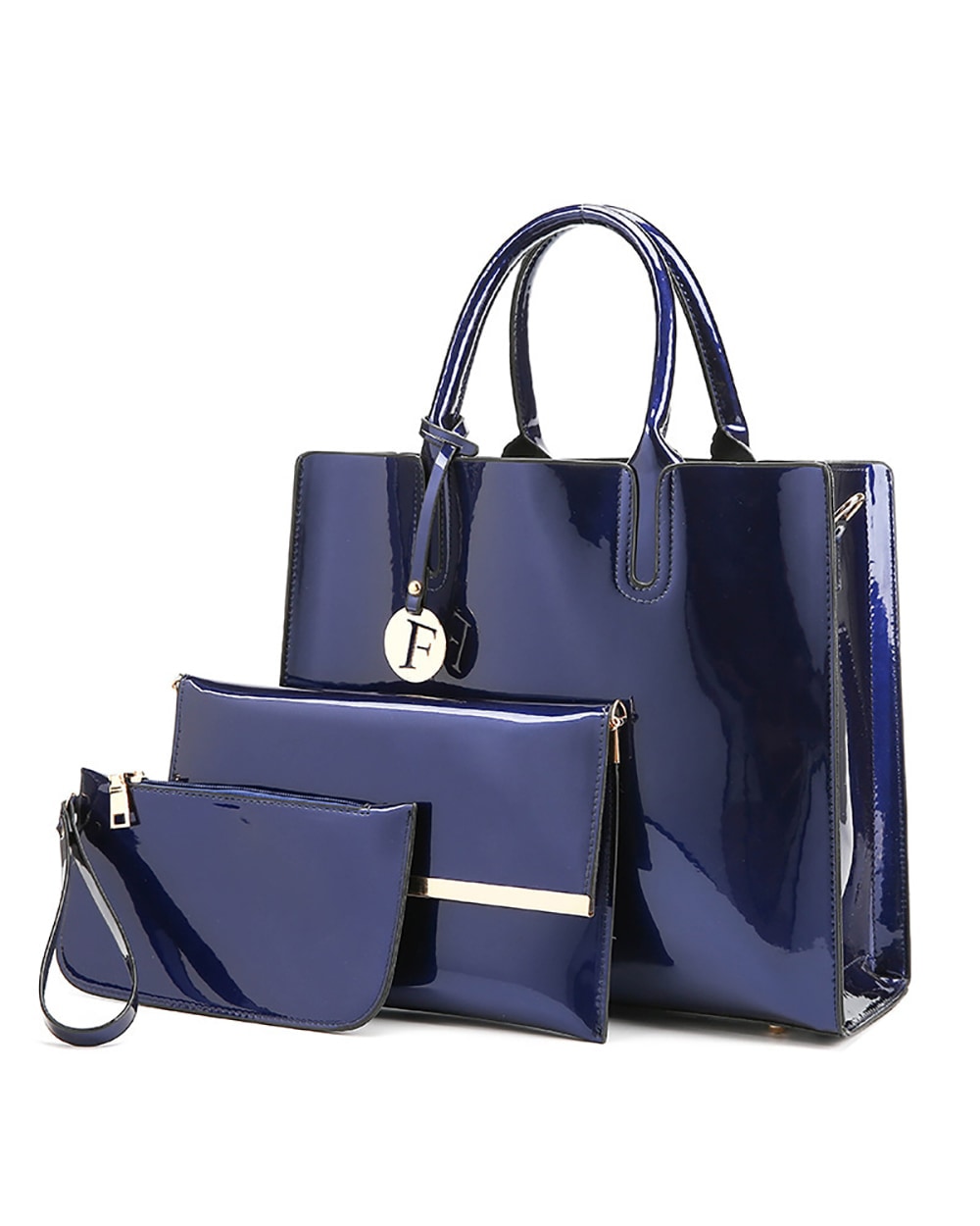 blue glossy leather 3 piece girls handbag