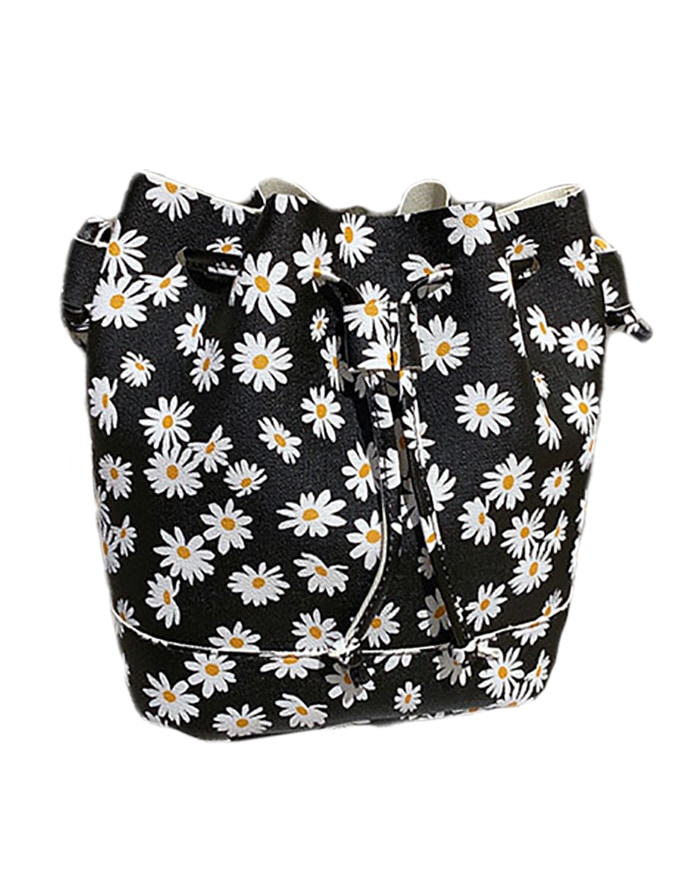 daisy print bucket bag fashion black