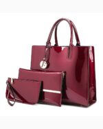 red glossy leather 3 piece women handbag