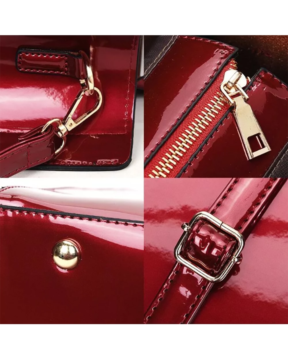 red glossy leather 3 piece women handbag - 8